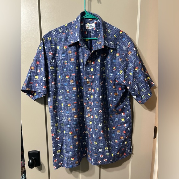 reyn spooner Navy Short Sleeve Button-Down with Multicolor Nautical Flag